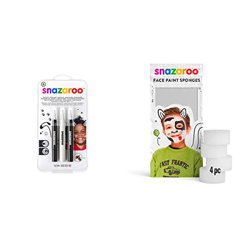 Snazaroo - Set de 3 Rotuladores de Maquillaje, Set Monocromo: Negro x2 y Blanco &amp; Esponja de Alta Densidad para Pintura Facial, Pack de 4