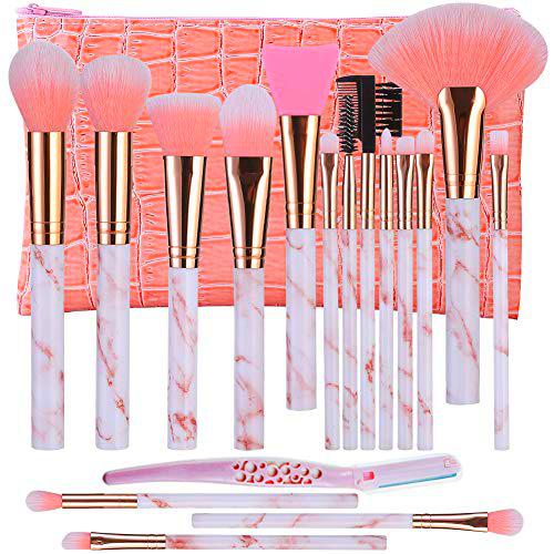 Brochas de maquillaje DUAIU 16 piezas Pinceles de maquillaje Set Premium Synthetic Eyeshadow Face Brush Crema líquida con silicona Máscara facial Cepillo Ceja Maquinilla de afeitar PU cosméticos Rosa